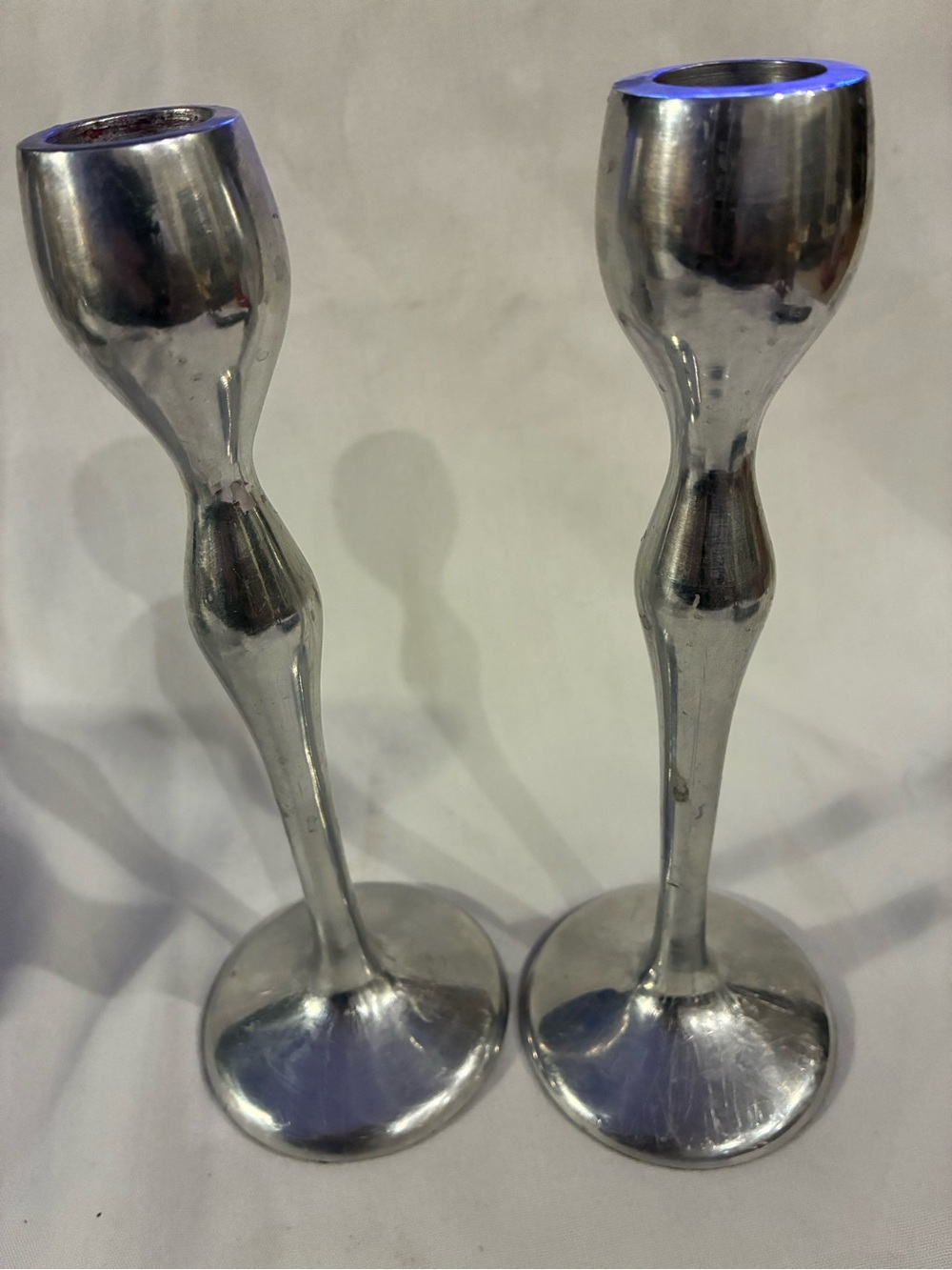 Silver Metal Candlestick Pair - Modern Sculpted Design Mid Century Design Sleek